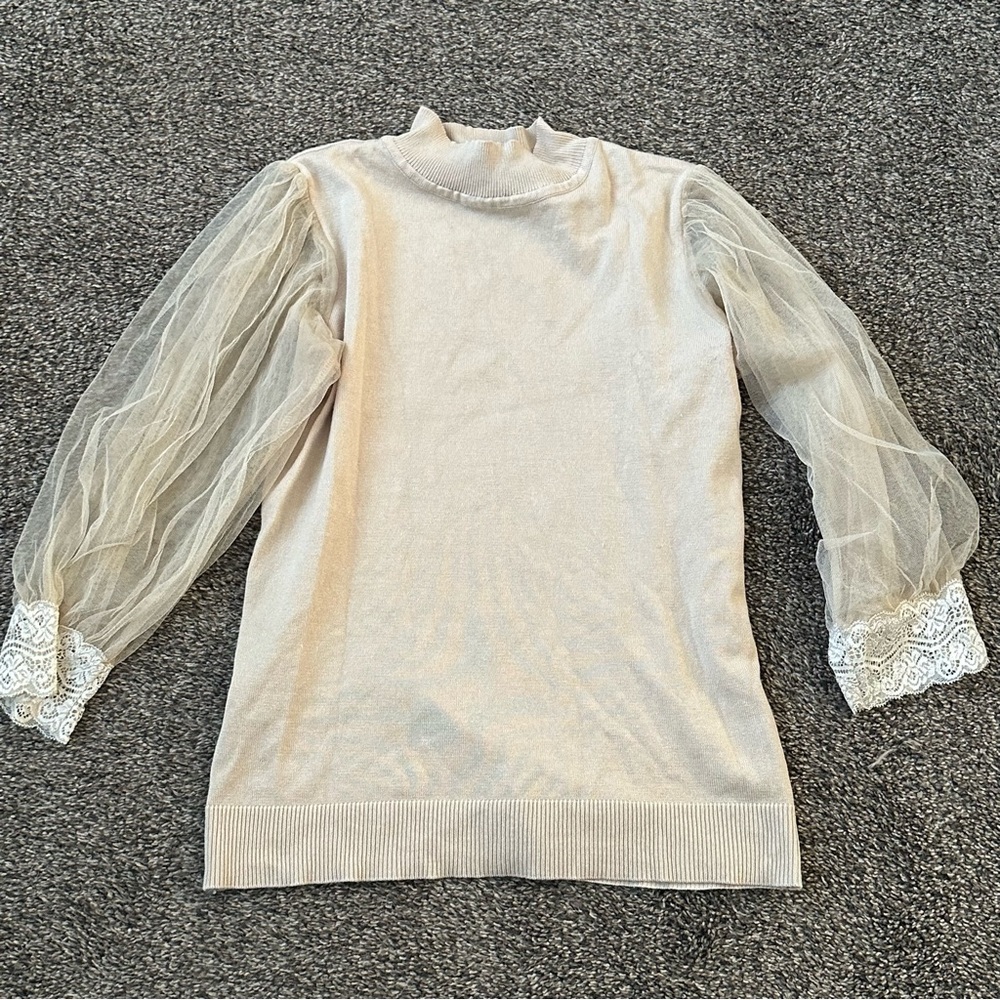Beige Cream Elegant Lace Sheer Blouse mock neck sweater Top